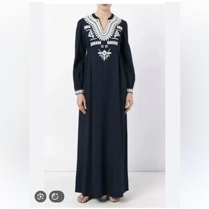Tory Burch Navy Keegan Caftan with White Embroidery Accents